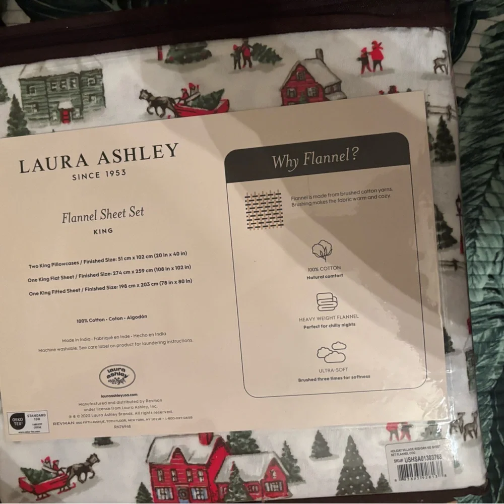 Laura Ashley Festive Holiday village king Flannel Sheet Set - Red and Green